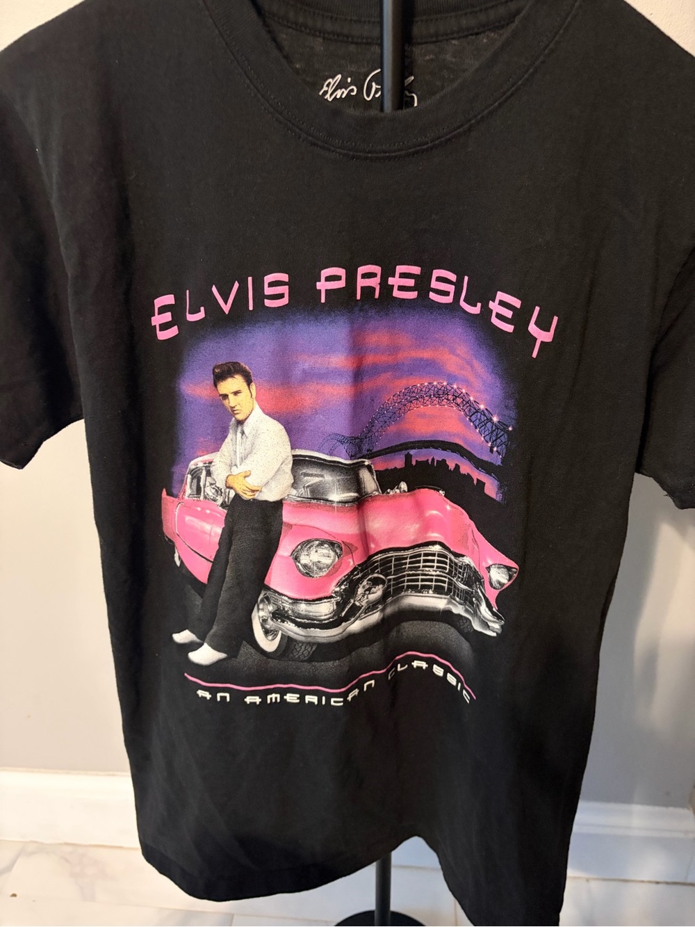 Elvis Presley Black Graphic Tee with Pink Car Motif